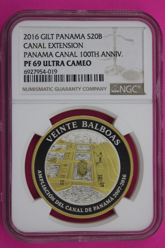 2016 PF 69 Gilt Panama Proof 20 Balboas Canal Extension 100 Anniversary NGC 191