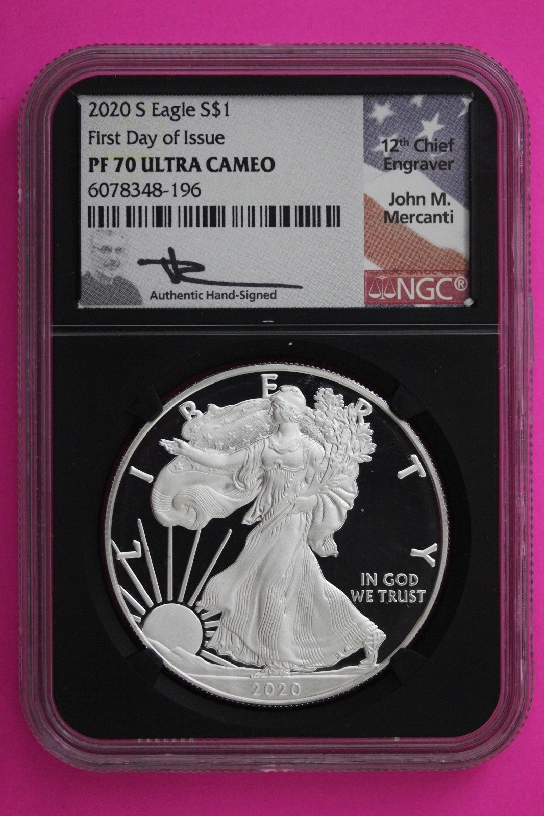 2020 S PF 70 Proof DCAM Silver American Eagle Mercanti Signature NGC Graded 289
