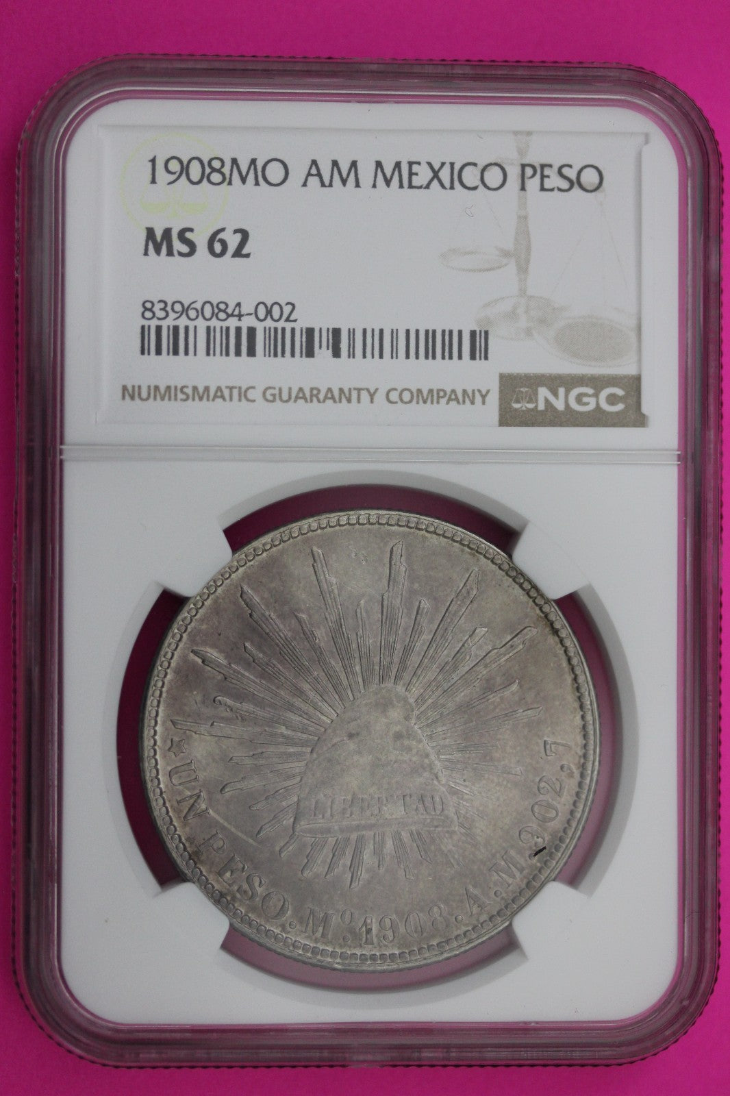 1908 MS 62 AM Mexico 1 Peso Silver Coin NGC Authentic Graded Authentic Slab 570