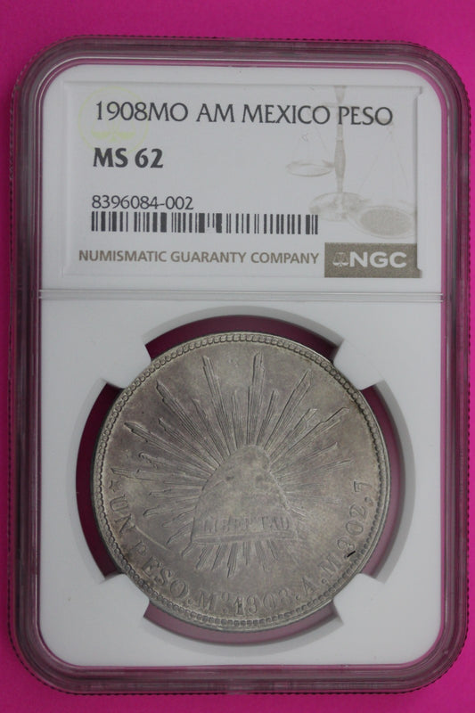 1908 MS 62 AM Mexico 1 Peso Silver Coin NGC Authentic Graded Authentic Slab 570