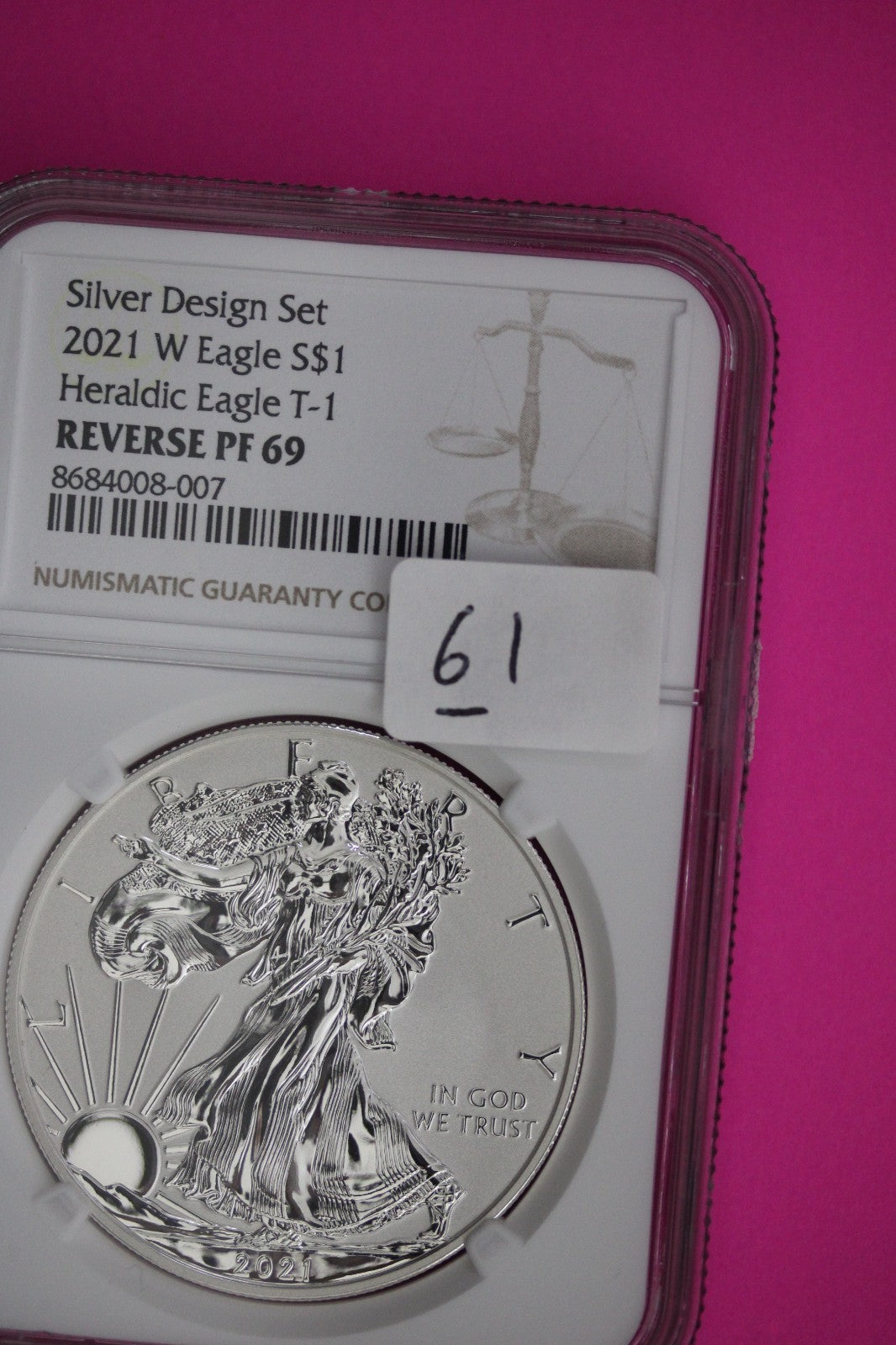2021 W T1 Reverse Proof Silver Eagle PF 69 One Coin From Design Set NGC Slab 61