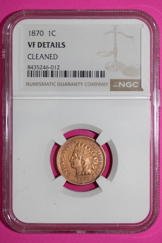 1870 Indian Head Cent Penny VF Details Cleaned NGC Certified Authentic Slab 914