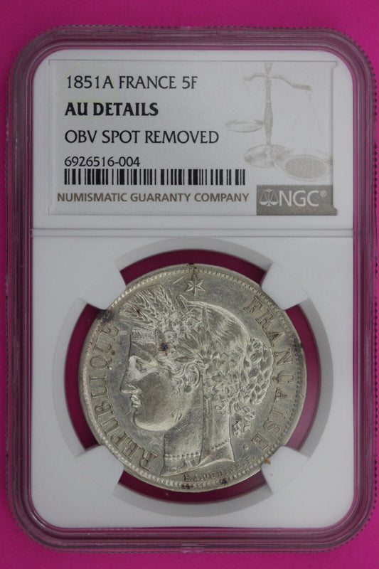 1851 A AU Details France 5 Francs Silver Coin NGC Certified Authentic Slab 613