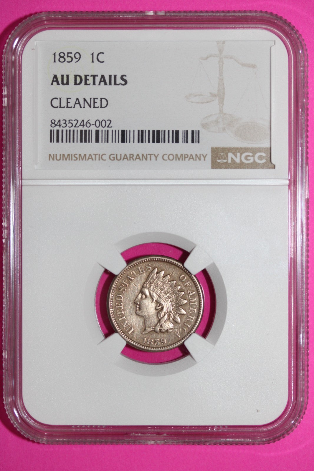 1859 Indian Head Cent Penny AU Details Cleaned NGC Certified Authentic Slab 898