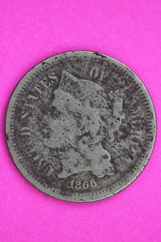 1866 Three 3 Cent Nickel Guaranteed Authentic & Genuine Fast Free Shipping 1296