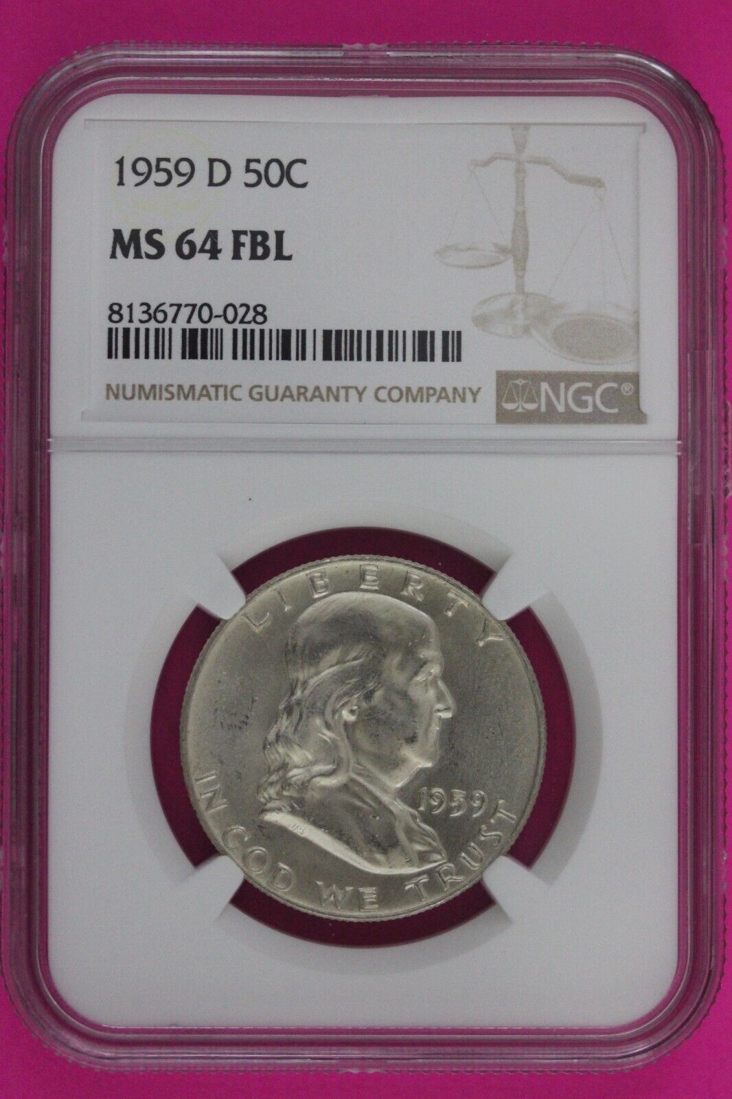 Full Bell Lines 1959 D MS 64 FBL Ben Franklin Half Dollar Silver Coin NGC 792