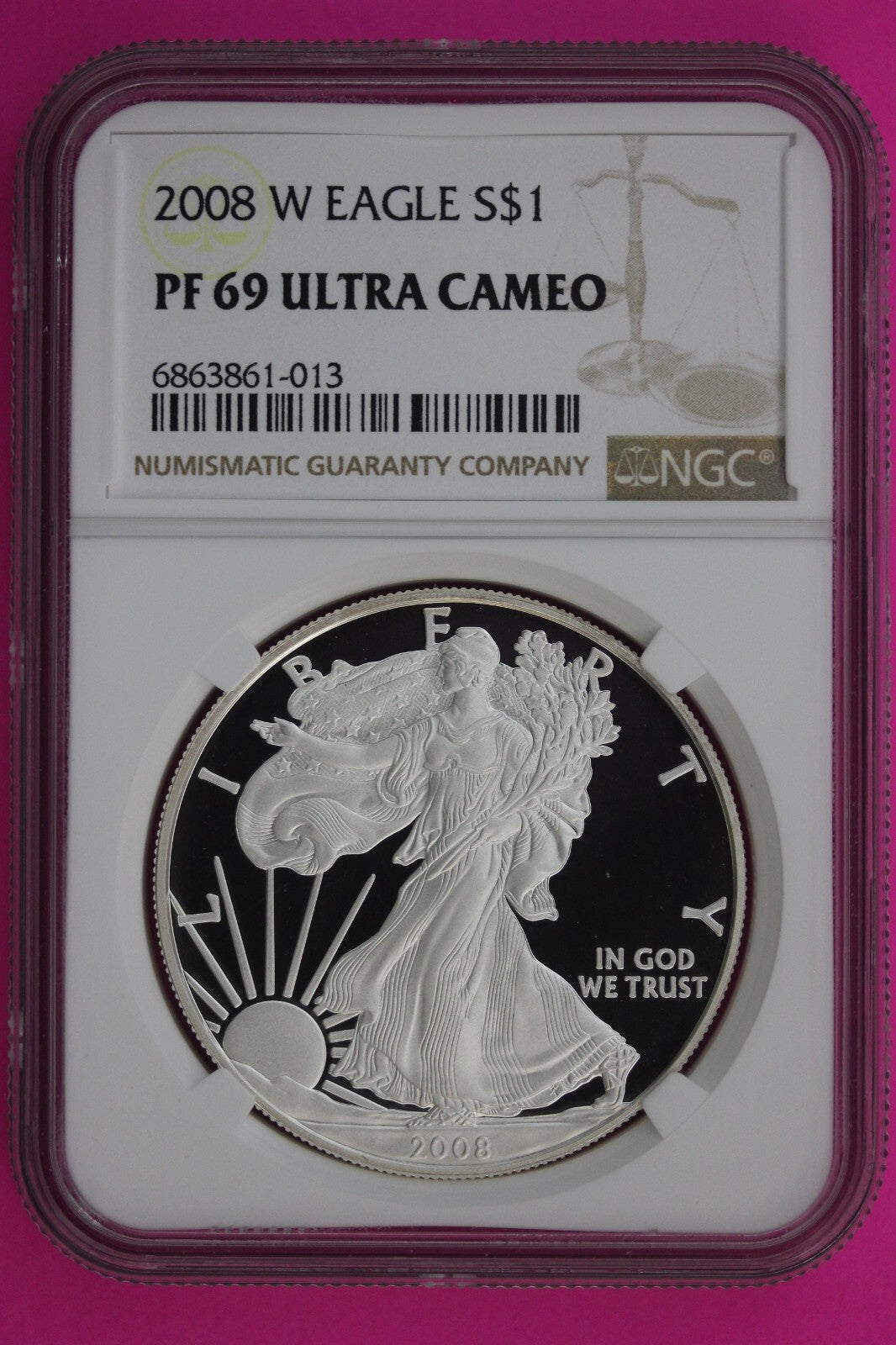2008 W PF 69 Silver American Eagle Ultra Cameo Authentic Proof Coin NGC 1112