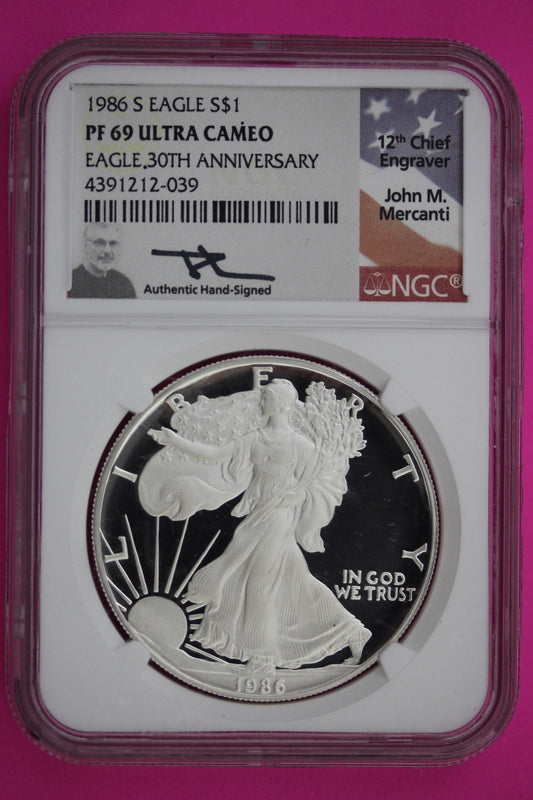 1986 S PF 69 Silver Eagle Mercanti Signature Proof Ultra Cameo 1 OZ NGC Slab 892