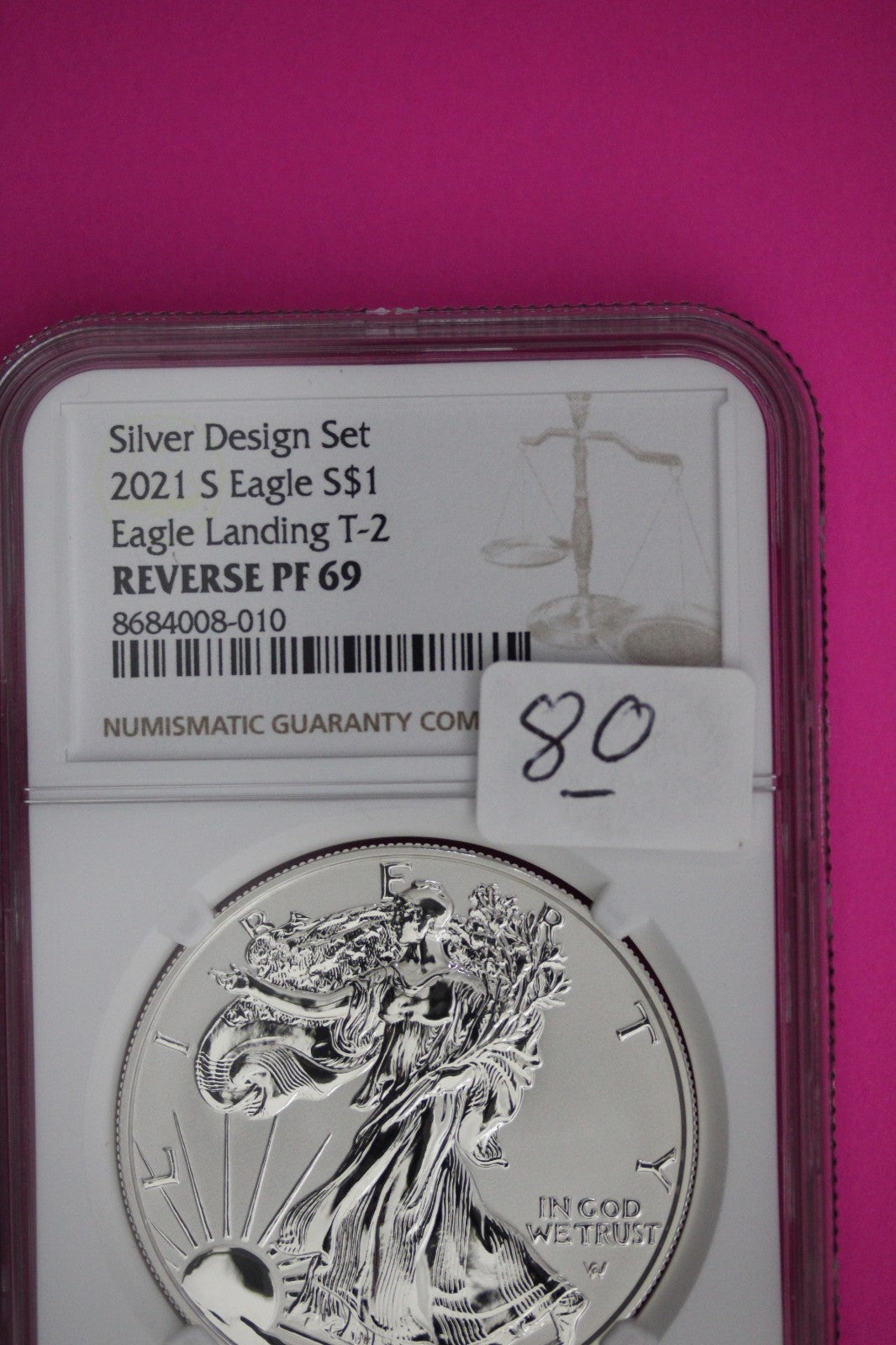 2021 S T2 Reverse Proof Silver Eagle PF 69 One Coin From Design Set NGC Slab 80