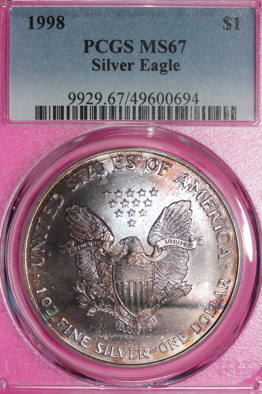Toned 1998 MS 67 American Silver Eagle PCGS Graded Authentic Certified Slab 179