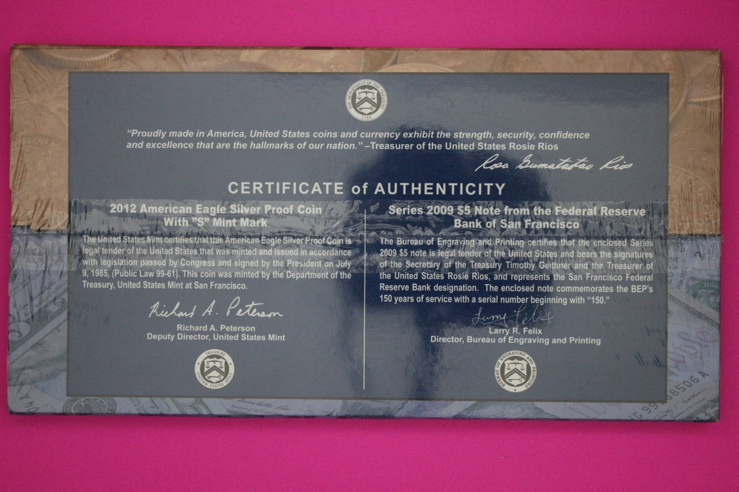 Mint Sealed 2012 Coin & Currency Set Proof 1 OZ Silver Eagle & $5 Note COA 9009