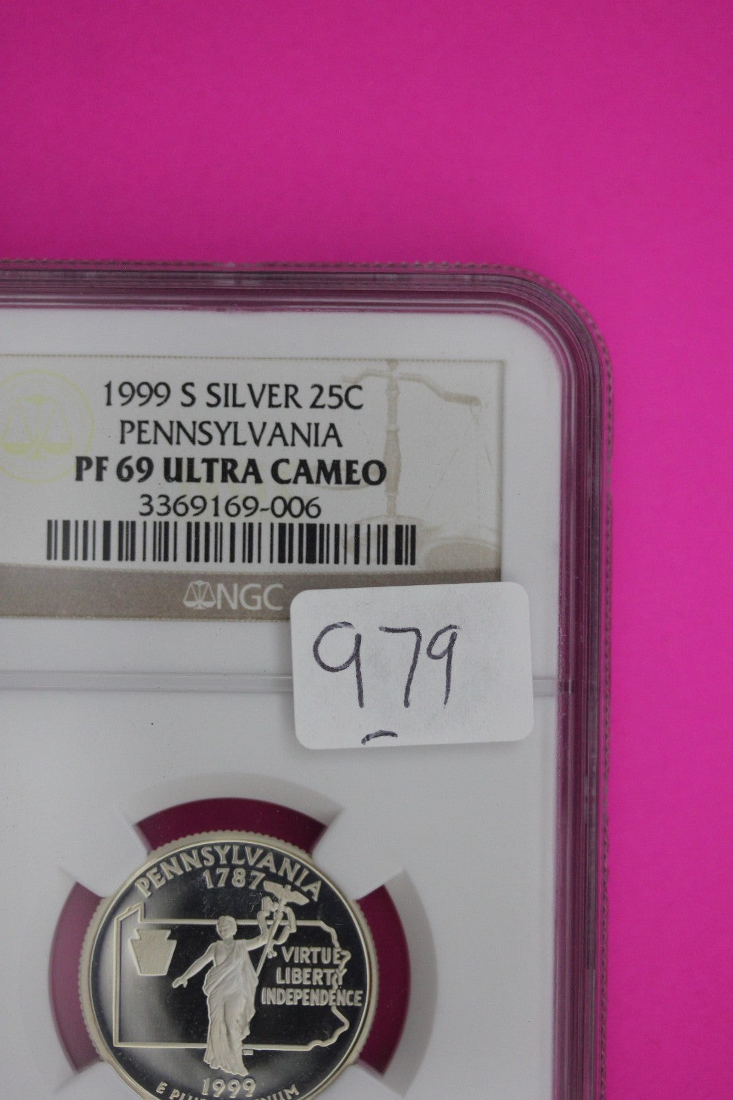 1999 S PF 69 Pennsylvania Silver State Quarter NGC Certified Authentic Slab 979