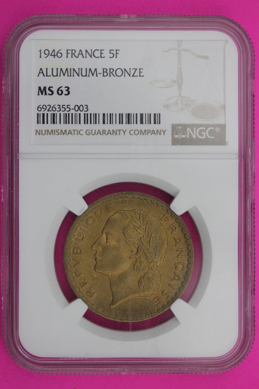 1946  MS 61 France 5 Francs Aluminum Bronze Coin NGC Certified Graded Slab 622