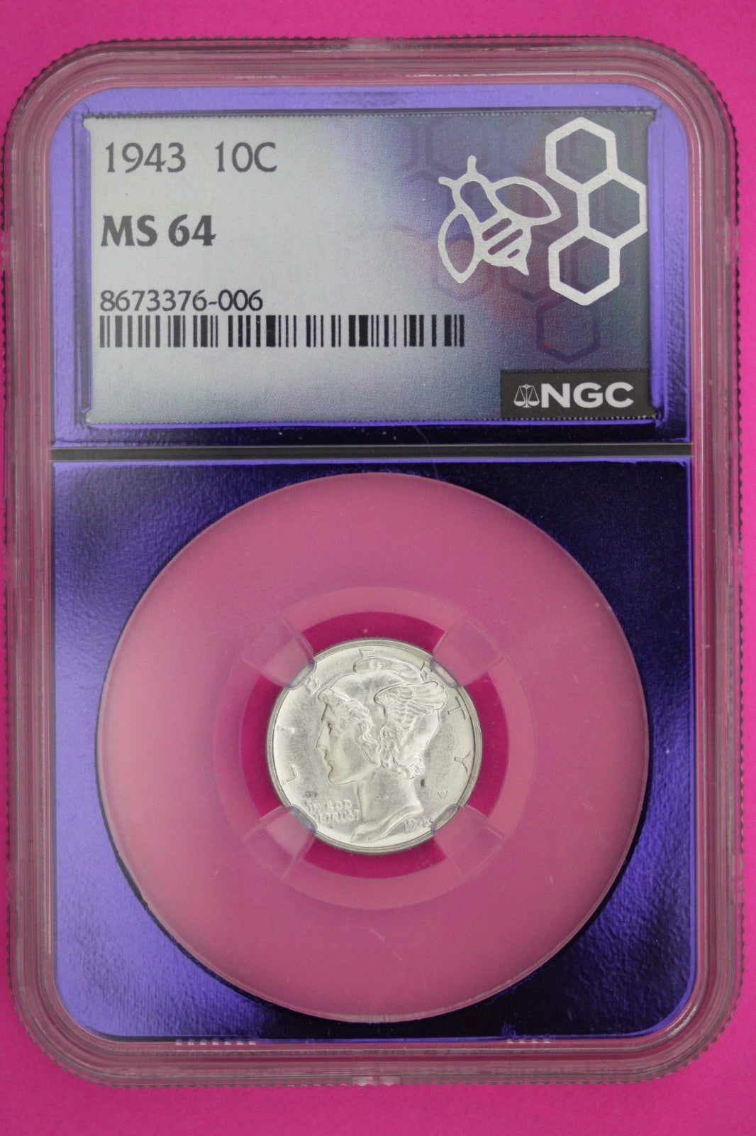 1943 P MS 64 Mercury Liberty Dime NGC Purple Bee Hive Label Graded Certified 918