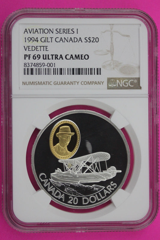 1994 PF 69 Gilt Canada $20 Proof Vedette Silver Coin Aviation Series NGC 182