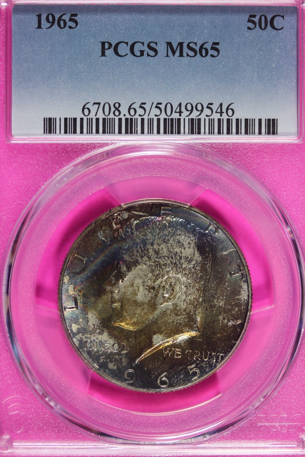 Rainbow Toned 1965 Silver MS 65 John F Kennedy Silver Half Dollar PCGS Slab 130
