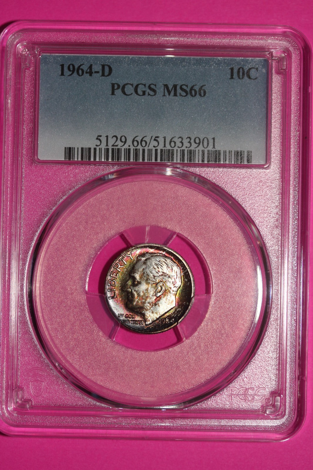 Rainbow Toned 1964 D MS 66 Roosevelt Dime PCGS Certified Graded Slab OCE 930