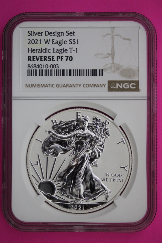 2021 W T1 Reverse Proof Silver Eagle PF 70 One Coin From Design Set NGC Slab 85