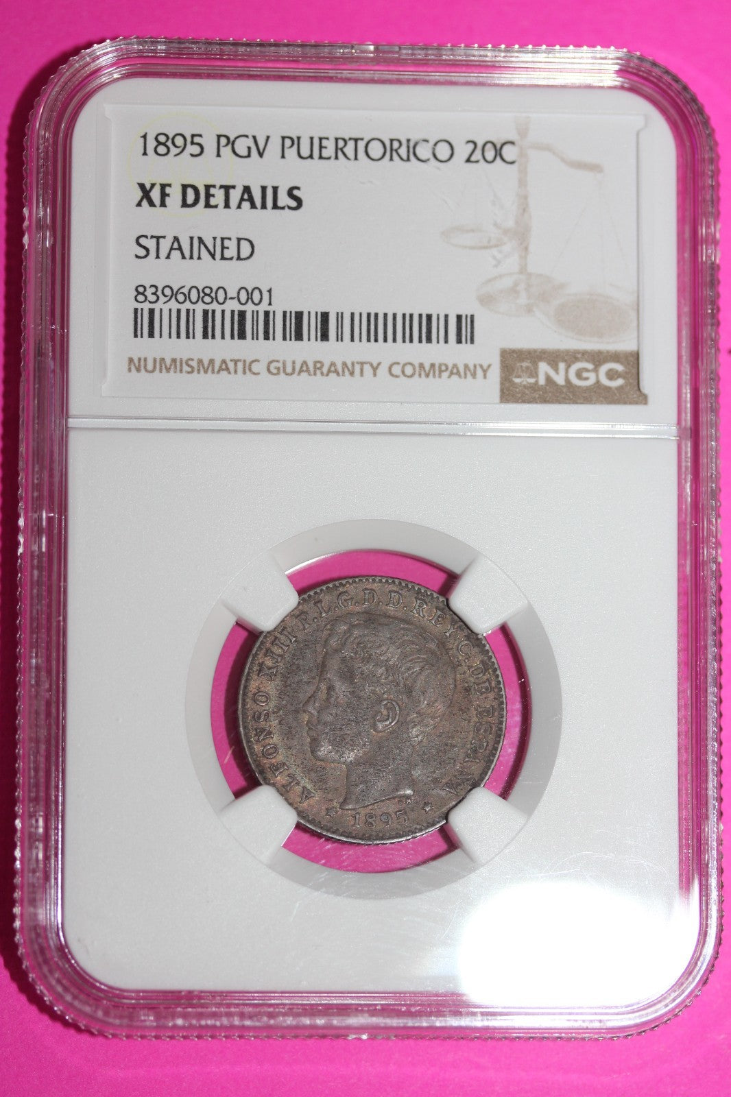 1895 Puerto Rico XF Details Stained 20 Centavos Silver Coin NGC Certified 658