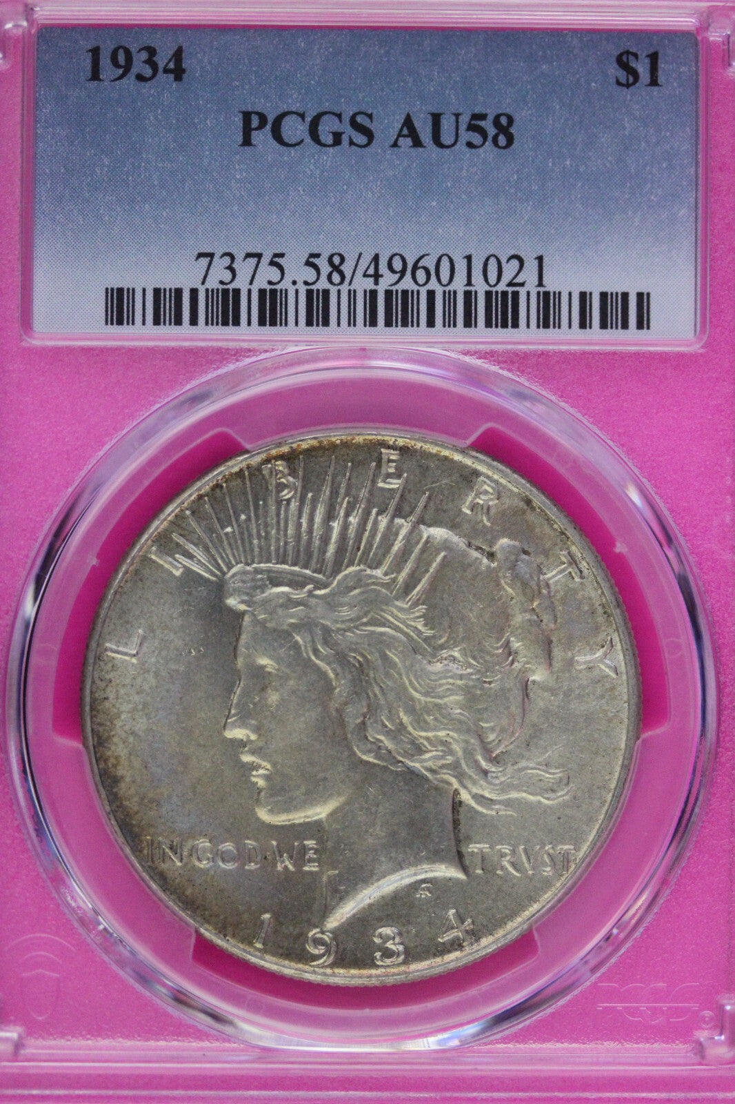 Toned 1934 P AU 58 Peace Silver Dollar PCGS Graded Certified Authentic Slab 365