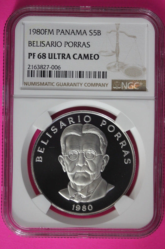 1980 Panama PF 69 Proof Ultra Cameo Silver 5 Balboas NGC Certified Slab 1015