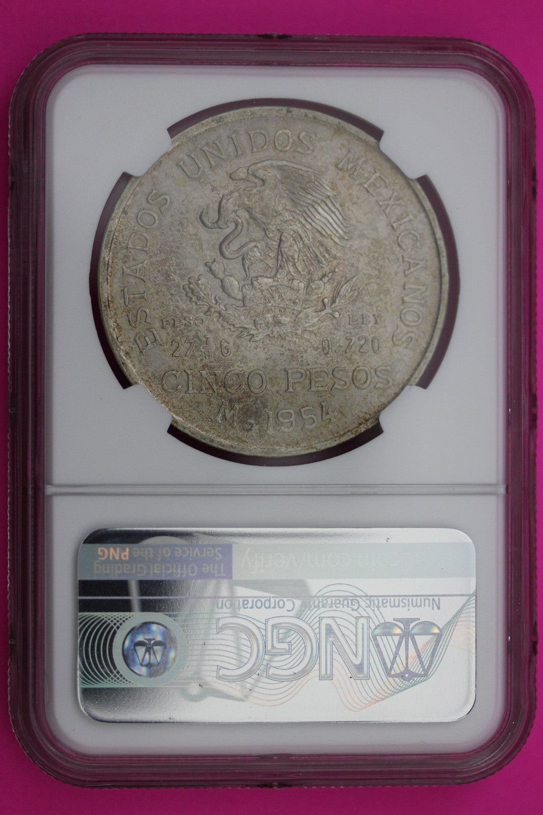 1954 MS 63 Mexico 5 Pesos Silver Coin NGC Authentic Graded Authentic Slab 577