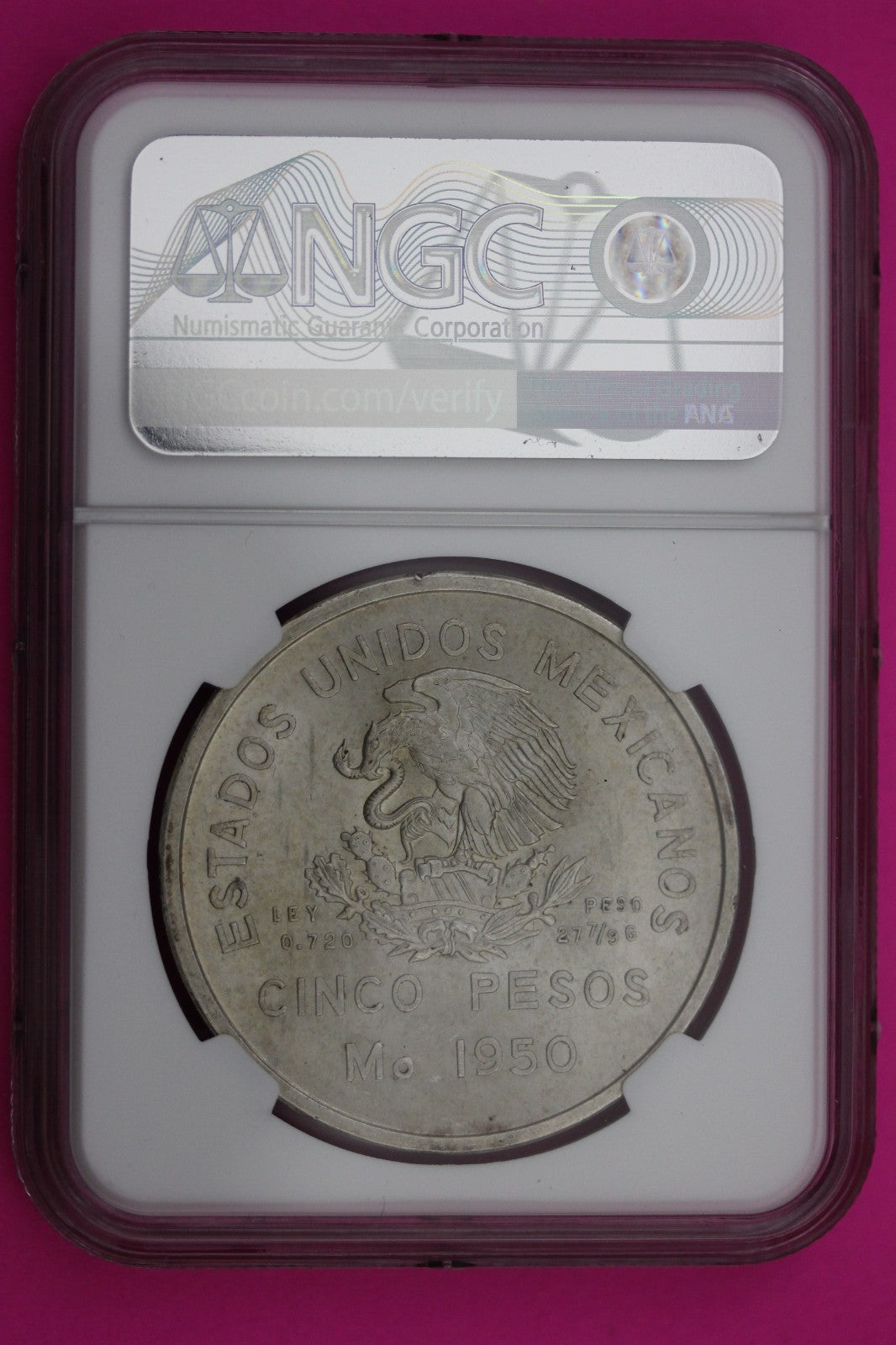 1950 MO MS 64 Mexico South Eastern Railroad 5 Pesos Silver Coin NGC Slab 629