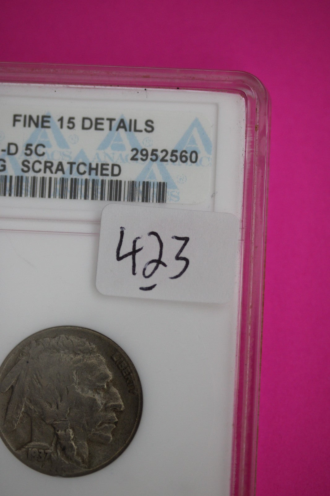 3 Legged Buffalo Nickel 1937 D Fine 15 Details Scratched ANACS Cerified Slab 423