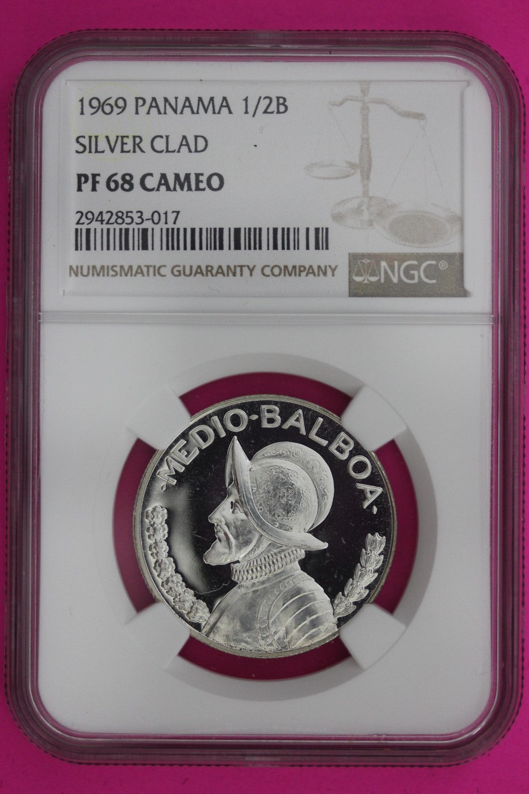 1969 Panama PF 68 Cameo Proof Silver 1/2 Balboa NGC Certified Genuine Slab 1298