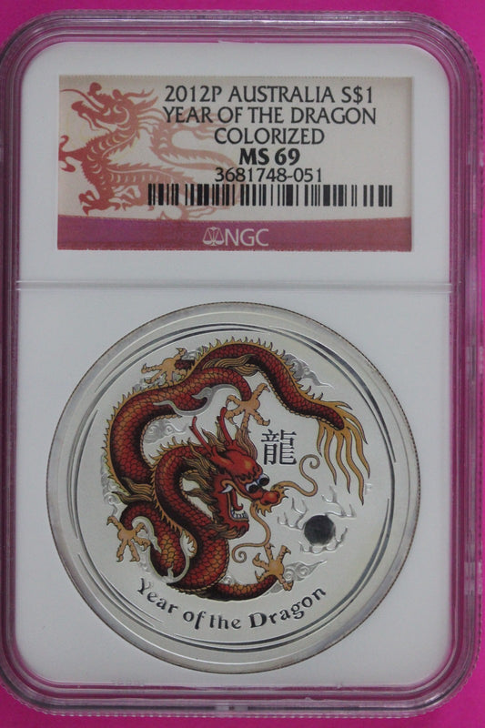 2012 P MS 69 Colorized Australia Year Of The Dragon $1 Silver Coin NGC Slab 970