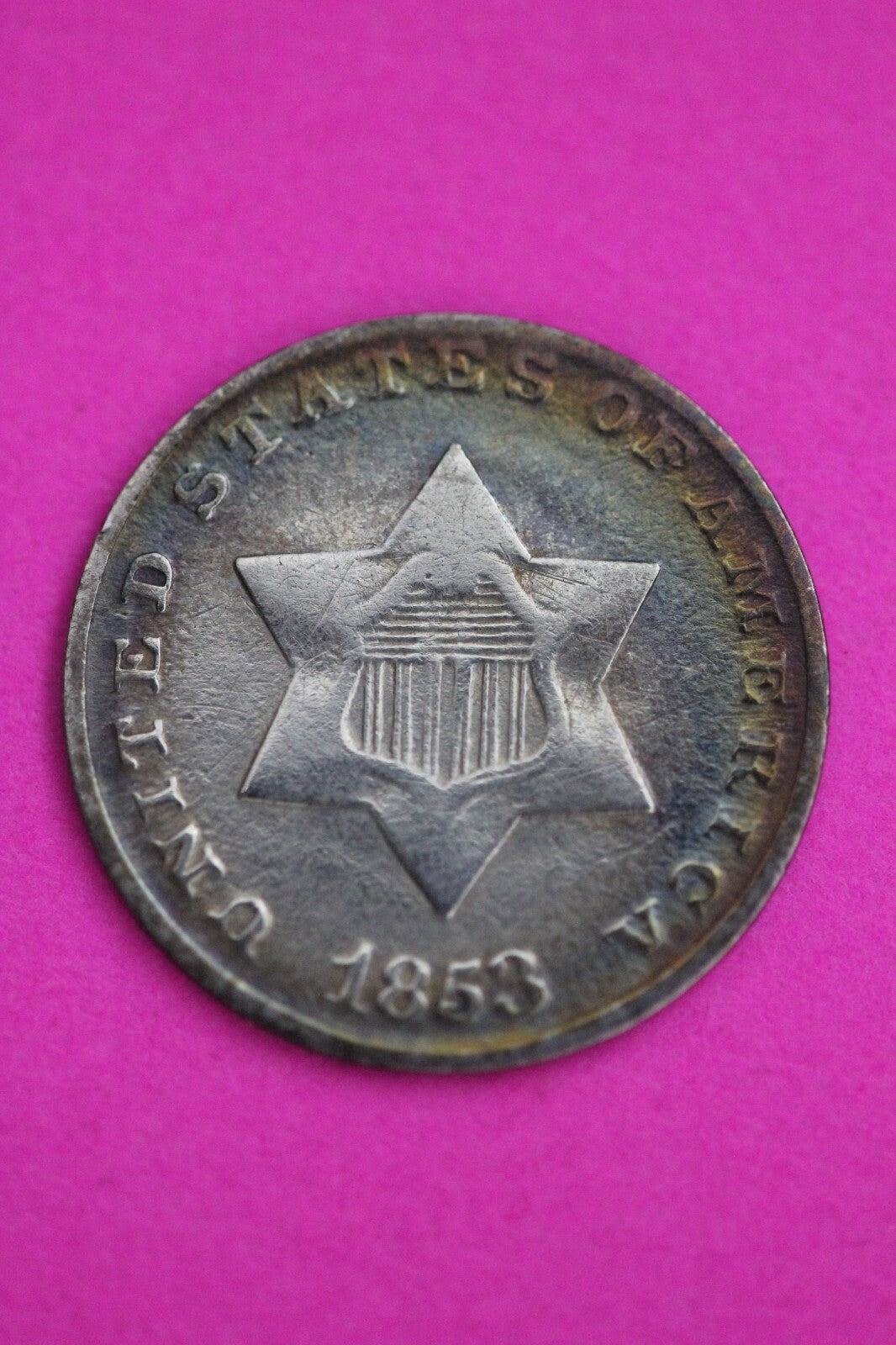 Rainbow Toned 1853 Trime 3 Three Cent Silver Dime Guaranteed Authentic 0703N