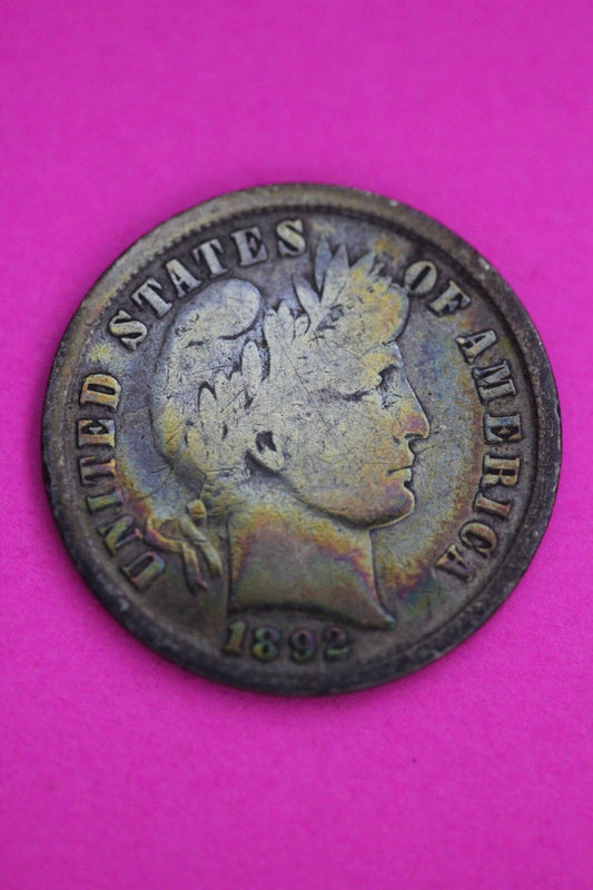 1892 P Rainbow Toned Barber Silver Dime Guaranteed Authentic & Genuine 1285