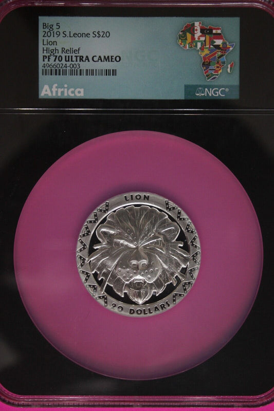 2019 PF 70 2 Ounces Silver Lion High Relief 20 DSierra Leone .999 Fine NGC 7049