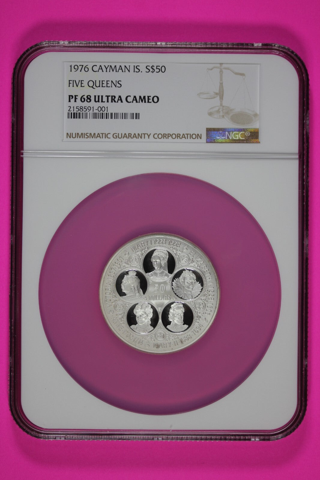 Pop 4 Only 2 Finer 1976 PF 68 Cayman Islands 50PD Five Queens Silver NGC 7037