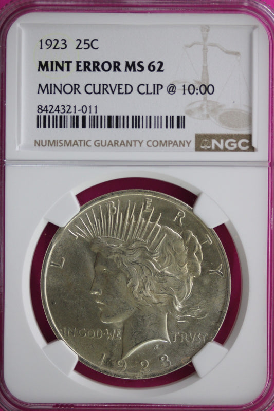 Mint Error 1923 P MS 62 Liberty Peace Silver Dollar NGC Minor Curved Clip 952