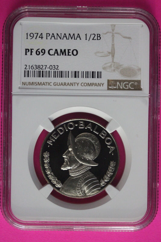 1974 Panama PF 69 Cameo Proof Silver 1/2 Balboa NGC Certified Graded Slab 1035