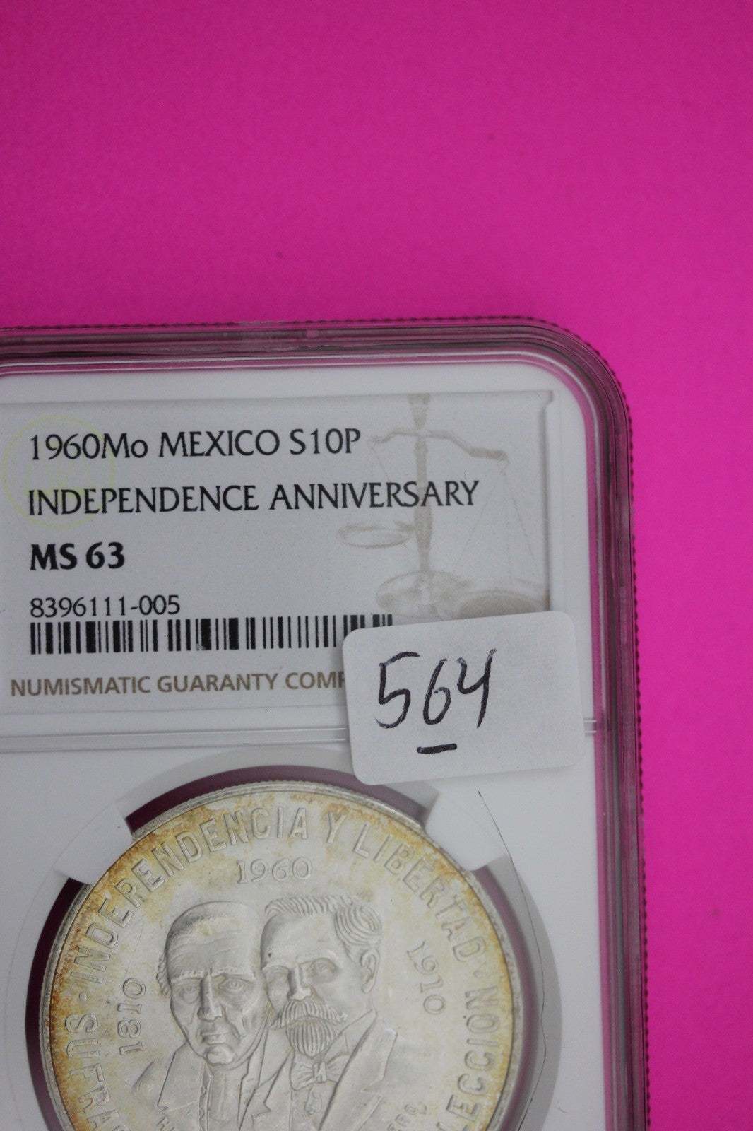 1960 MS 63 Mexico 10 Pesos Silver Coin NGC Authentic Graded Authentic Slab 564