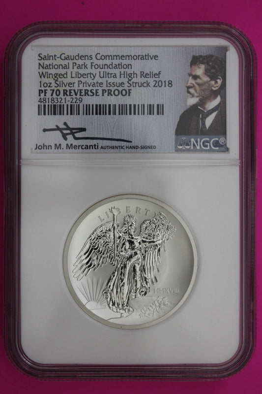 2018 PF 70 Rev Proof Saint-Gaudens Hi Relief  1 OZ Silver Coin Mercanti NGC 6075