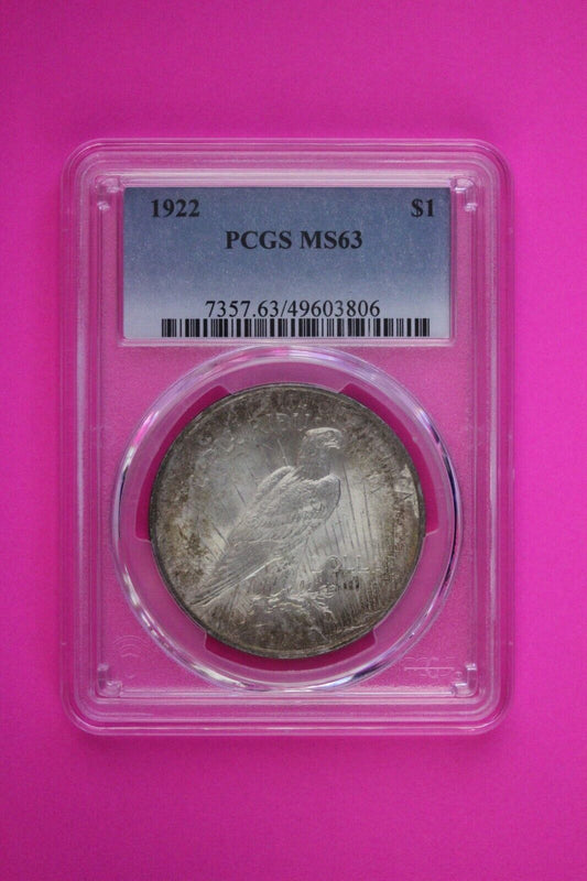 Toned 1922 P MS 63 Peace Silver Dollar PCGS Graded Certified Authentic Slab 47