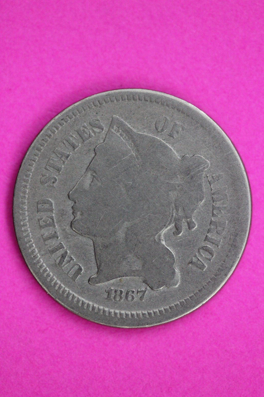 1867 Three 3 Cent Nickel Guaranteed Authentic & Genuine Fast Free Shipping 1541