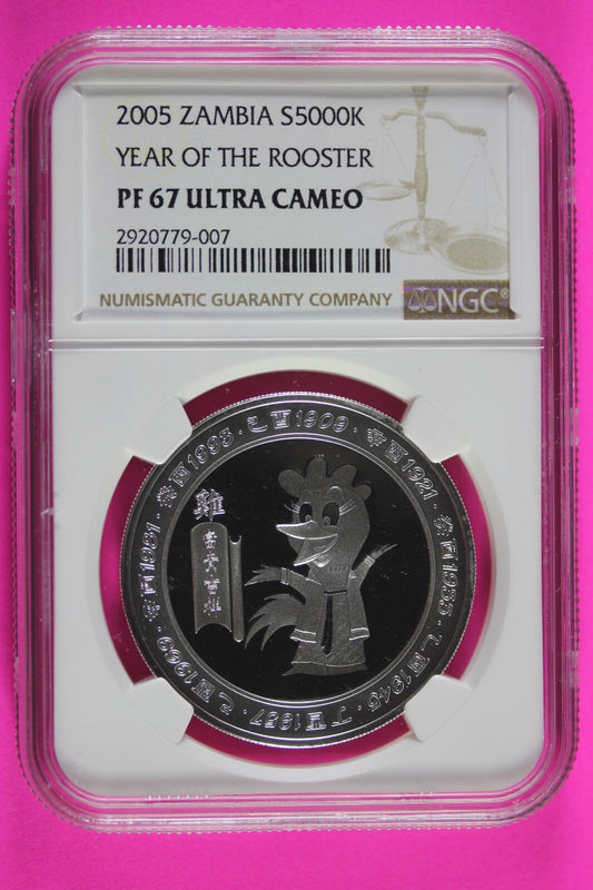 Top Pop Sole Finest 2005 PF 67 Zambia Year Of the Rooster 5000 K NGC Graded 440