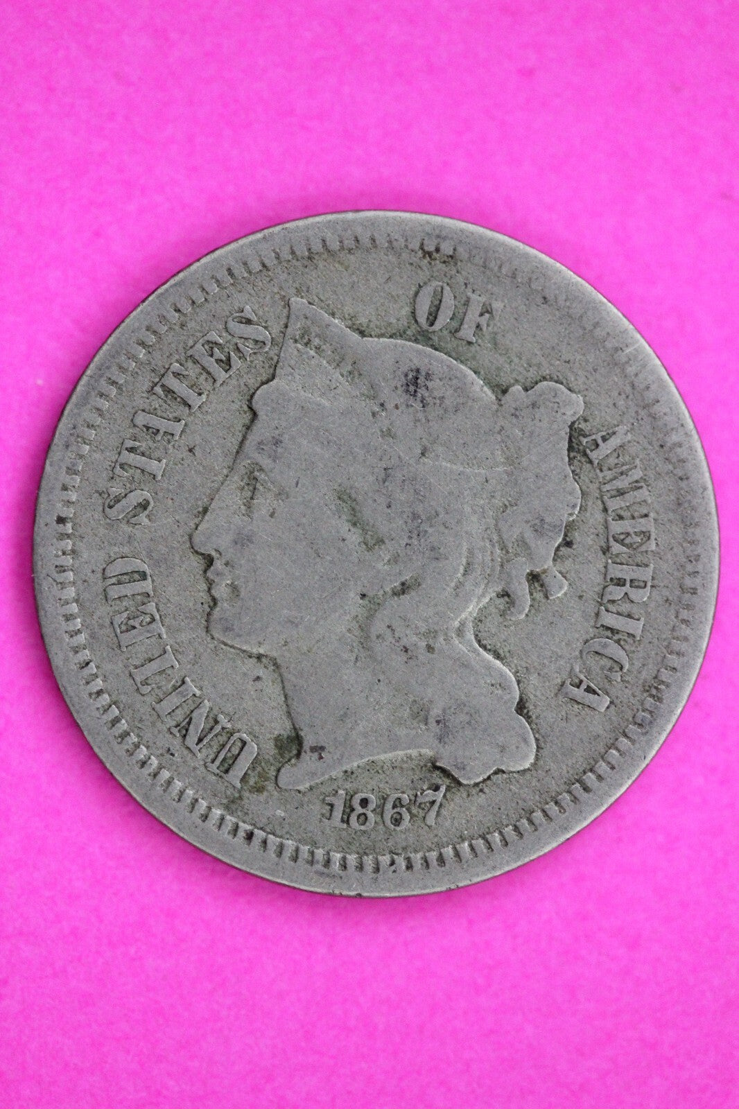 1867 Three 3 Cent Nickel Guaranteed Authentic & Genuine Fast Free Shipping 1309