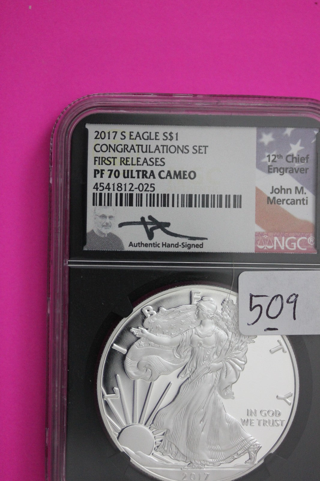 2017 S PF 70 Silver American Eagle From Congratulations Set Mercanti Sig NGC 509