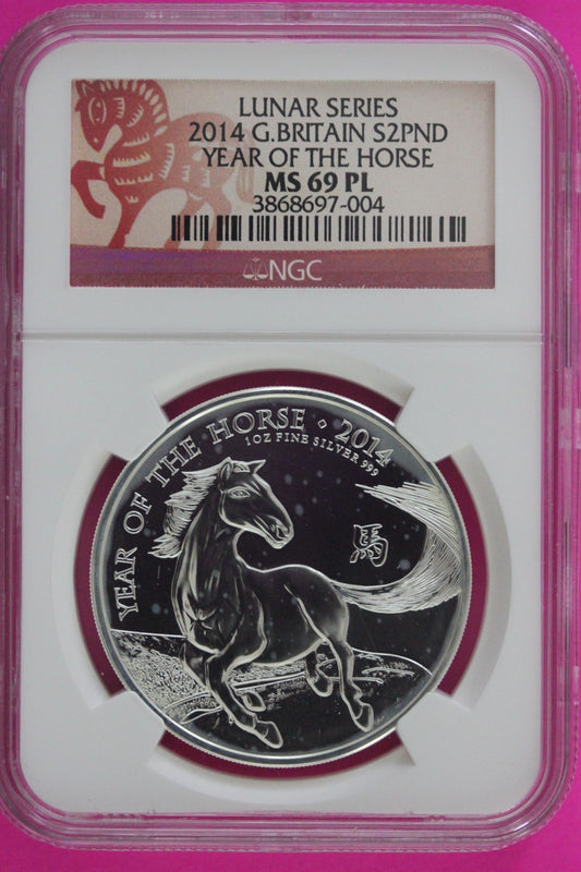 2014 MS 69 PL Year Of The Horse Great Britain Silver 2 Pounds NGC Certified 956