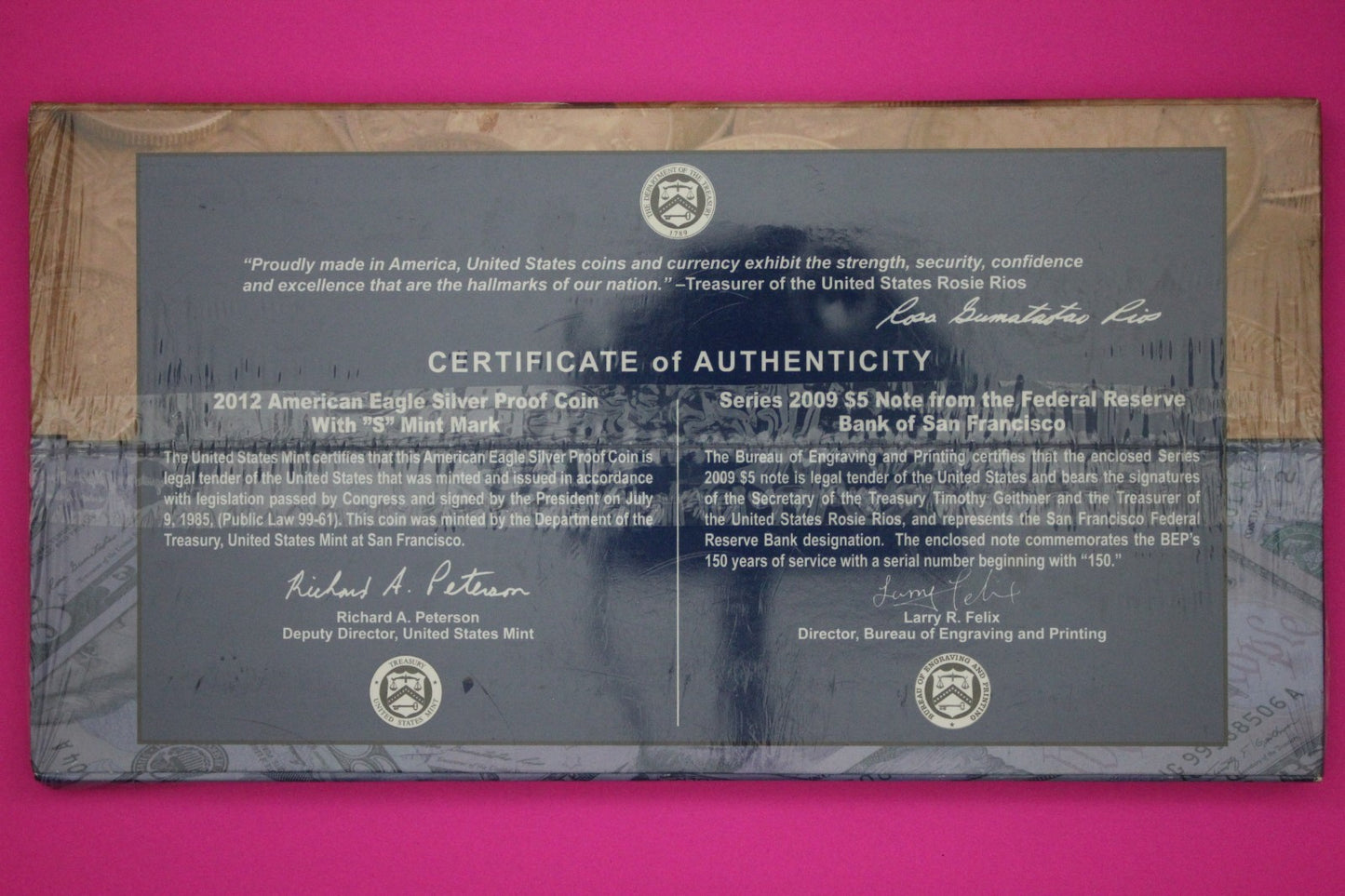Mint Sealed 2012 Coin & Currency Set Proof 1 OZ Silver Eagle & $5 Note COA 9003