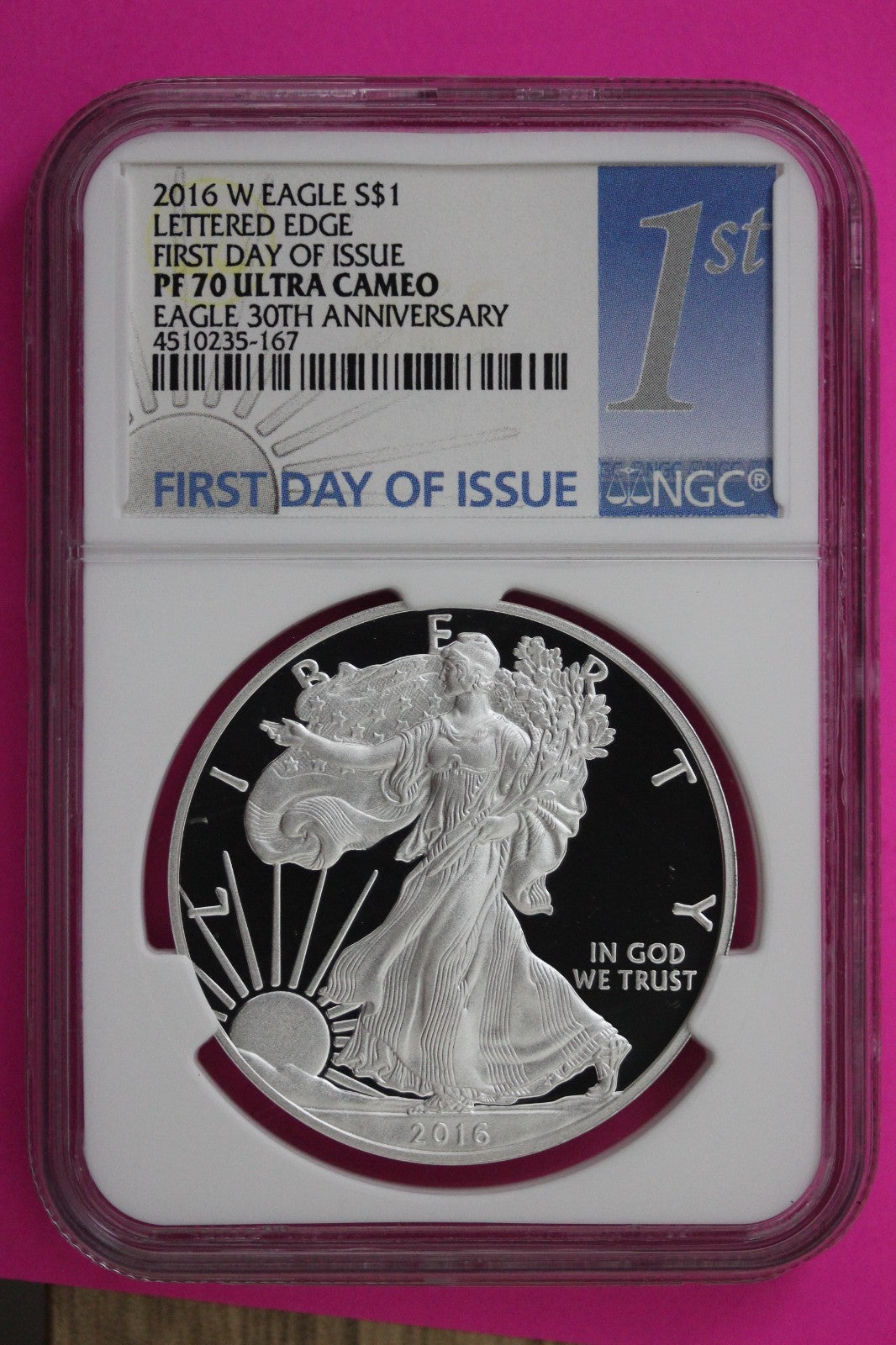 2016 W PF 70 Proof DCAM Silver American Eagle Lettered Edge NGC Authentic 270