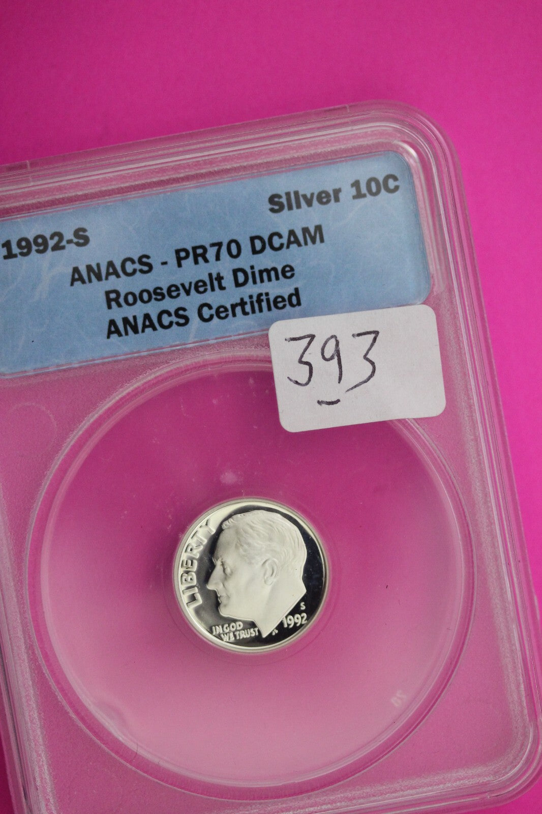 1992 S PR 70 Roosevelt Silver Dime Deep Cameo ANACS Certified Graded Slab 393