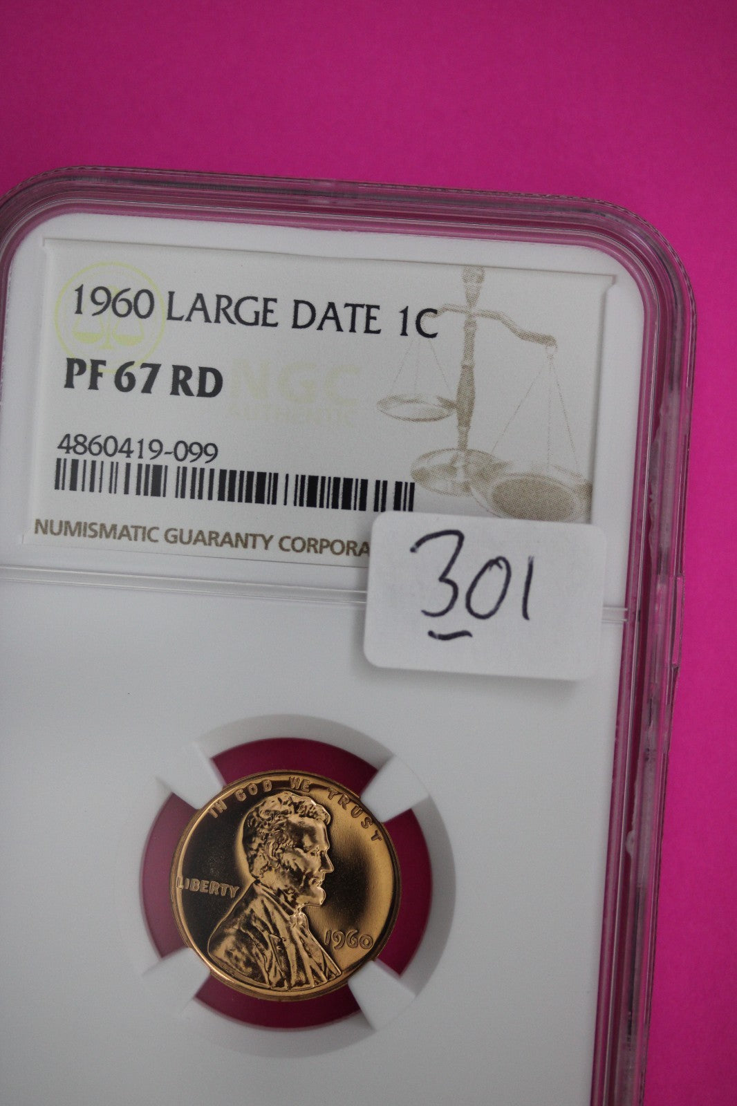 1960 Large Date PF 67 Red Lincoln Memorial Cent Proof Coin NGC Certified 301