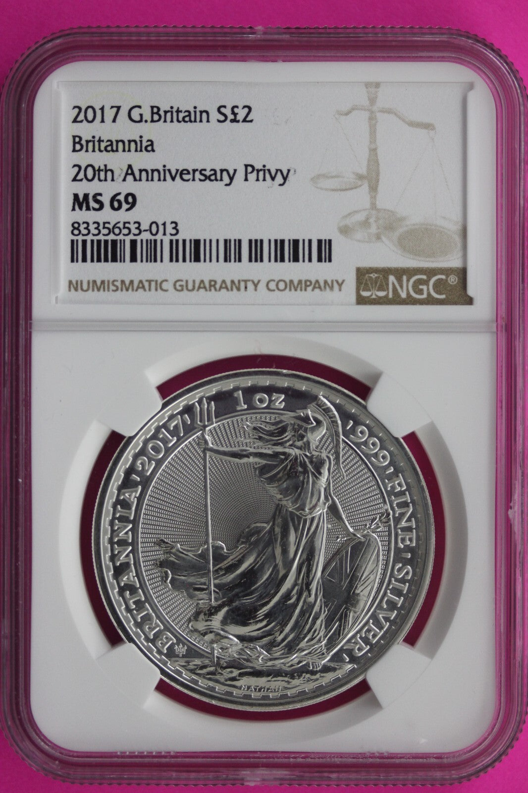 2017 MS 69 Great Britain £2 Britannia 20th Anniversary Privy NGC Graded Slab 733