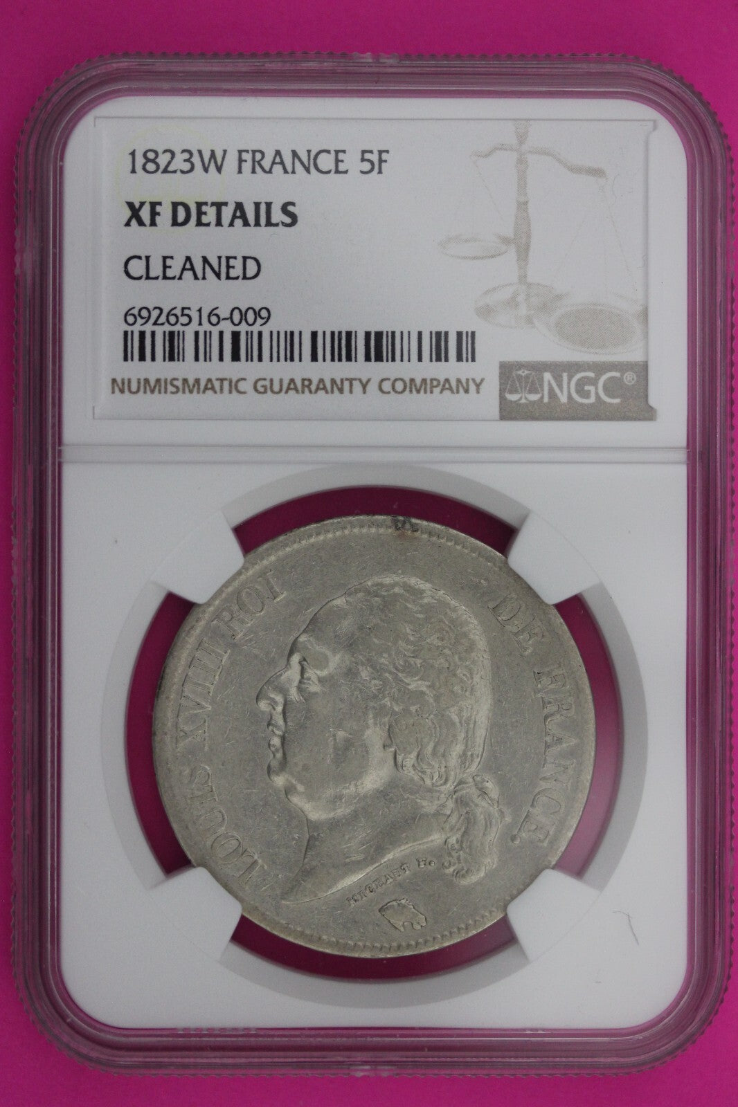 1823 W XF Details France 5 Francs Silver Coin NGC Cleaned Certified Slab 615